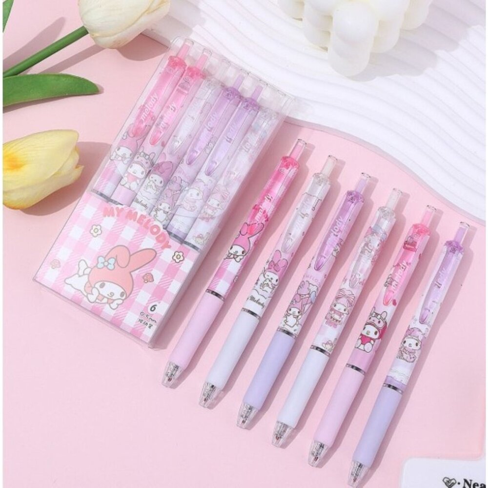 Hello Kitty & My Melody Gel Pen Set 6-Pack Black Ink Cute School Supplies